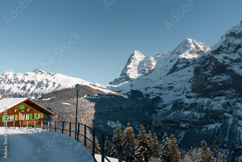 Murren   Swiss mountain village near Schilthorn  and Lauterbrunnen during winter sunny day   Murren   Switzerland   December 3   2019