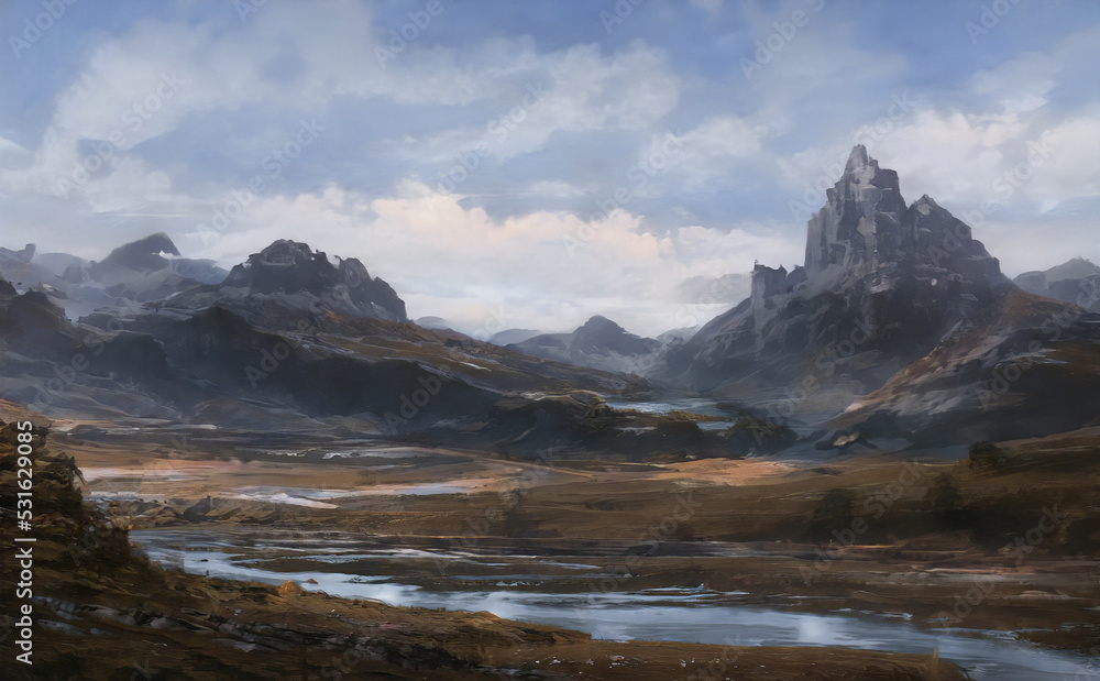 Fantastic Epic Magical Landscape of Mountains. Summer nature. Mystic Valley, tundra, forest. Game  assets. Celtic Medieval RPG background. Rocks and grass. Beautiful sky and clouds. Lakes and rivers	