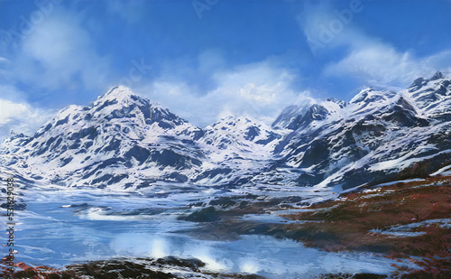 Fantastic Winter Epic Landscape of Mountains. Celtic Medieval forest. Frozen nature. Glacier in the mountains. Mystic Valley. Artwork sketch. Gaming RPG background.   © Abstract51