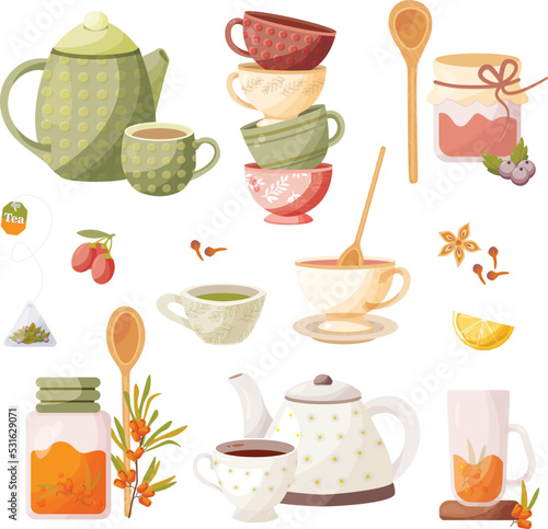 Tea time, vector drawing, delicious tea option. Different versions of tea.