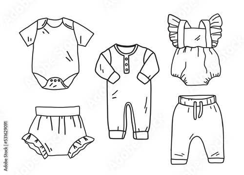 Set of baby clothes. Onesie, diaper cover, romper, bodysuit, pants for infants. Line art vector illustration