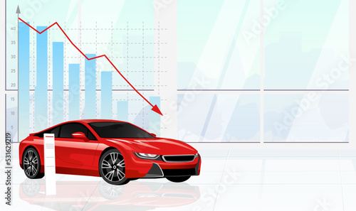 Showroom with new expensive car. Agent, woman in red Jacket near sport car inside dealership. Boost sales of vehicles. Price growing on graph, bars, chart. Luxury sport transport. Vector illustration