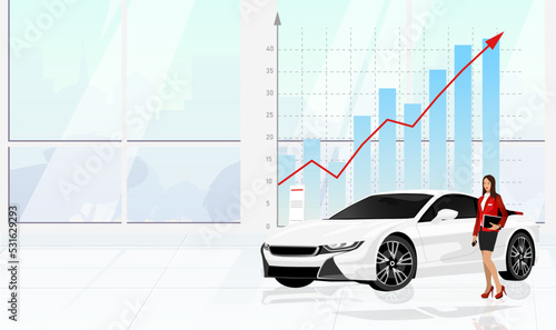 Showroom with new expensive car. Increase arrow of stock, boost sales of vehicles. Price growing on graph bars. Costs chart grow of luxury sport transport. Agent, woman dealership. Vector illustration