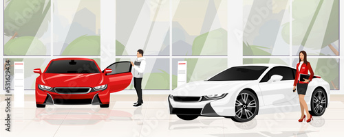 Car showroom. Woman in red Jacket, girl agent and customer man inside dealership. Urban business, sales new expensive vehicles, luxury sport transport. Showcase for brilliant cars. Vector illustration