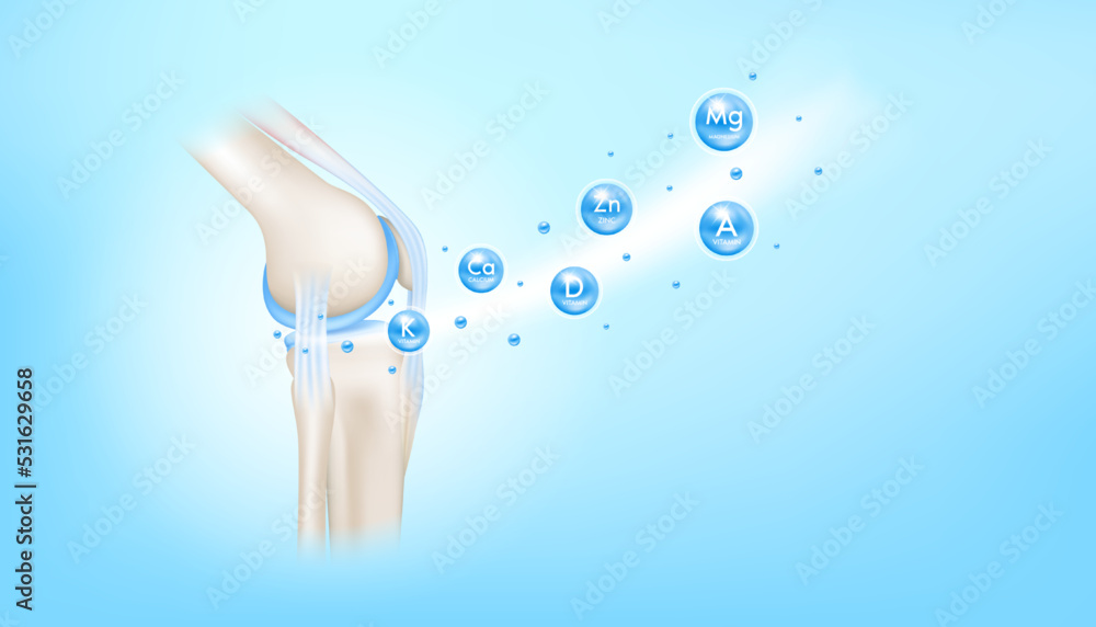 Vitamins and minerals calcium zinc and magnesium absorbed into the bone cartilage. Human skeleton anatomy model. Care bone knee joint. Can be used in food advertising media. 3D vector EPS10. - obrazy, fototapety, plakaty 