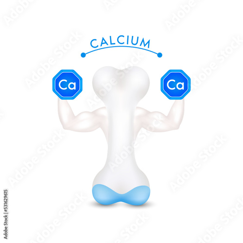 Bone showing strong muscles powerful. Holding a dumbbell blue calcium. Healthy cartilage model isolated on white background. Vitamins minerals care knee joint. Medical concept. Realistic 3D vector.