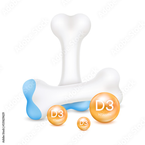 Healthy bone cartilage with orange vitamin D3. Human skeleton anatomy model isolated on white background. Minerals care bone knee joint. Realistic 3D vector. Medical science concept. 