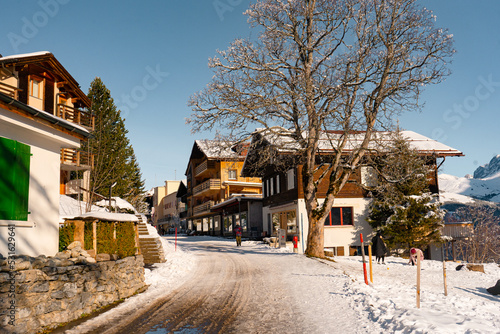 Murren , Swiss mountain village near Schilthorn and Lauterbrunnen during winter sunny day : Murren , Switzerland : December 3 , 2019