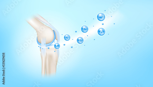 Vitamins and minerals calcium zinc and magnesium absorbed into the bone cartilage. Human skeleton anatomy model. Care bone knee joint. Can be used in food advertising media. 3D vector EPS10.