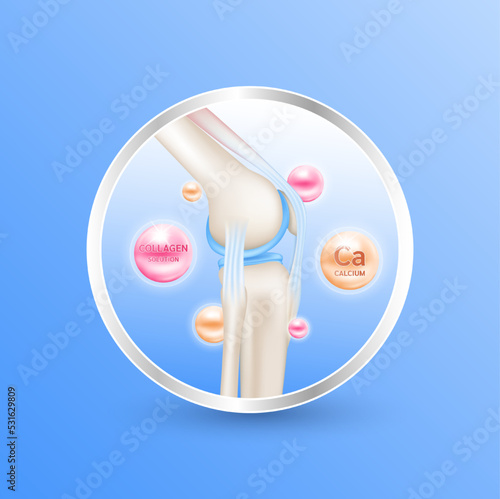 Healthy  joint bone anatomy. Skeleton x ray scan, Vitamin Collagen and Minerals Calcium help heal arthritis knee. Medical or healthcare concept. Realistic 3d vector. For nutrition products design.