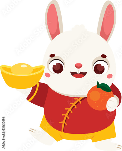 Cartoon rabbit with golden boat yuanbao ingot and tangerines. Happy Chinese new year celebration bunny character for 2023
