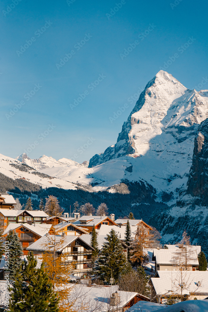 Murren , Swiss mountain village near Schilthorn  and Lauterbrunnen during winter sunny day : Murren , Switzerland : December 3 , 2019