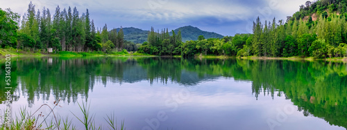 Landscape of Lake and Pine tree in Liwong, new camping iconic located in Chana, Songkhla Thailand