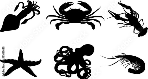 Collection of sea animals silhouettes. Crab, crayfish, octopus, starfish, squid, shrimp. The silhouette is black.