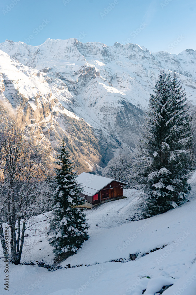 Path to Gimmelwald , beautiful mountain village near Murren and Stechelberg during winter  : Murren , Switzerland : December 3 , 2019