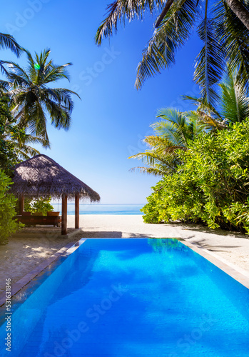 Landscape on Maldives island, luxury water villas resort with pool. Beautiful sky and ocean and beach with palms background for summer vacation holiday and travel concept. Luxury travel.