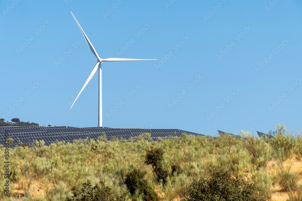 Solar energy panel photovoltaic cell and wind turbine farm power generator in nature landscape. Solar energy panel photovoltaic cell and wind turbine farm power generator in nature landscape.