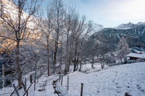 Gimmelwald , beautiful mountain village near Murren and Stechelberg during winter : Murren , Switzerland : December 3 , 2019