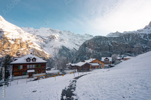 Gimmelwald , beautiful mountain village near Murren and Stechelberg during winter : Murren , Switzerland : December 3 , 2019