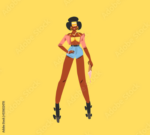 Hand drawn vector abstract flat stock modern graphic illustration character of young happy retro vintage disco african american girl roller skating,90 vintage print concept,retro vector people design.