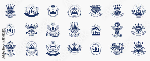 Classic style crowns emblems big set, ancient heraldic symbols awards and labels collection, classical heraldry design elements, family or business emblems with coronets.