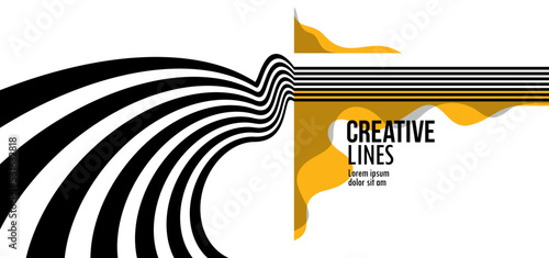 Future lines in 3D perspective vector abstract background, black and yellow linear composition, optical illusion op art.