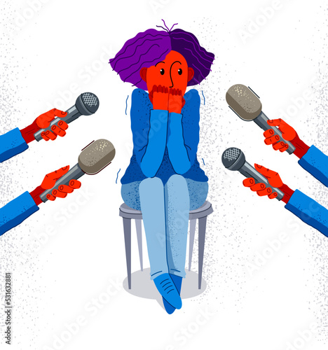 Glossophobia fear of public speech vector illustration, girl surrounded by microphones scared in panic attack, psychology mental health concept.