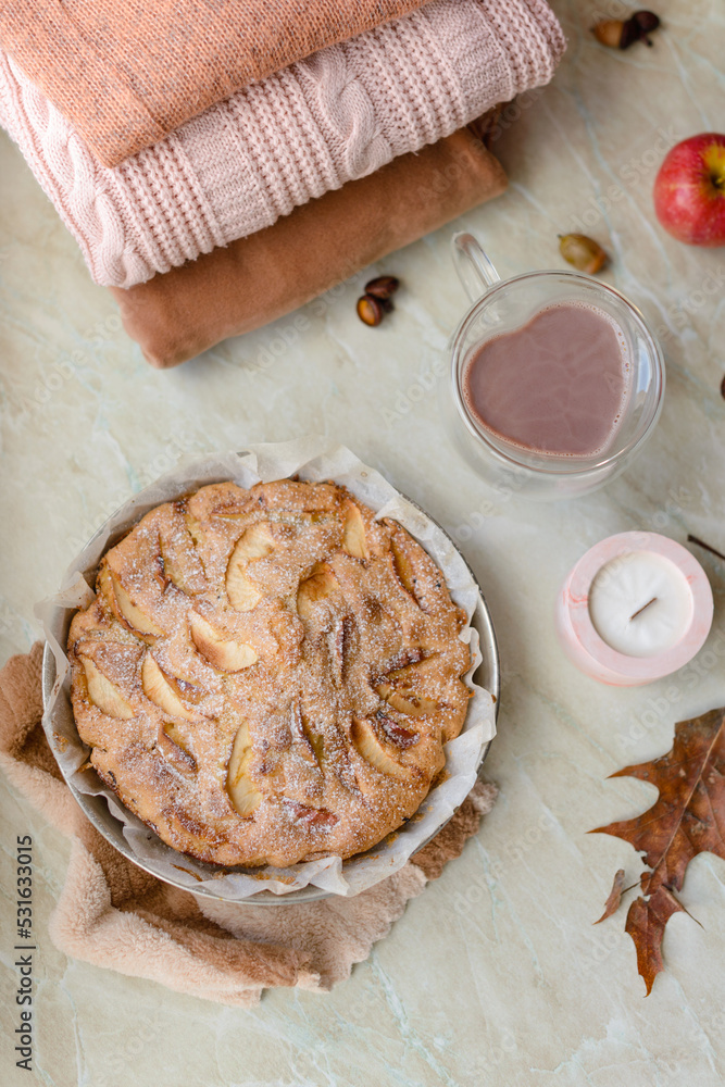 Fototapeta premium Homemade apple pie on a white background near the window close-up and copy space