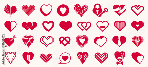Collection of hearts vector logos or icons set, heart shapes of different styles and concepts symbols, love and care, health and cardiology, geometric and low poly.