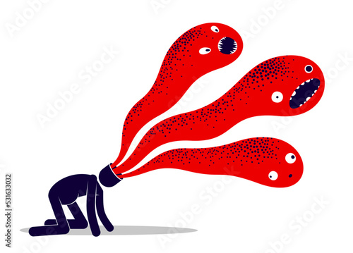 Psychical problems such as phobia psychosis schizophrenia hallucinations vector concept illustration in flat trendy style, psychiatry and psychology allegory, man with monster from his head.