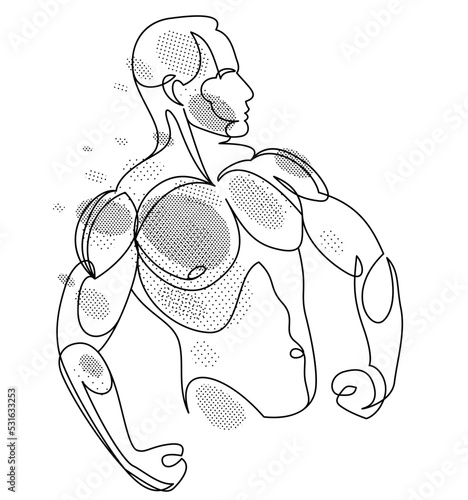 Linear drawing of a perfect body fit model man posing vector illustration isolated, muscular macho sexy guy with naked torso topless.