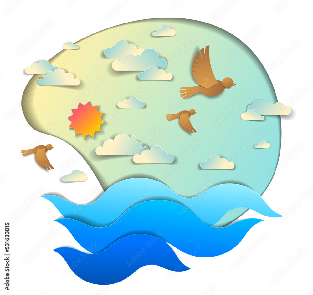 Fototapeta premium Beautiful seascape with sea waves, birds clouds and sun in the sky, vector illustration in paper cut style, water travel summer holidays theme.