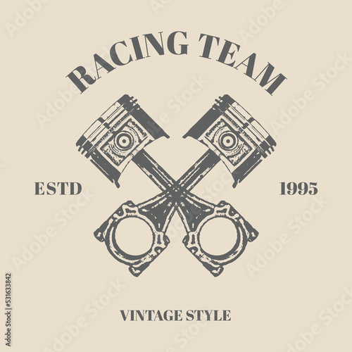 Logo crossed pistons hand drawn illustration with retro vintage style of motorcycle repair service label with inscriptions and crossed pistons isolated vector illustration template design
