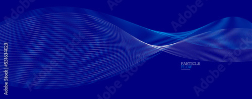 Blue dots in motion dark vector abstract background, particles array wavy flow, curve lines of points in movement, technology and science illustration.