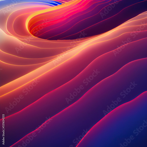 Neon curves bright vibrant pink blue waves flow ribbons abstract minimalist background. Glowing pink violet wavy color lines futuristic cool illuminating light soft Illustration.