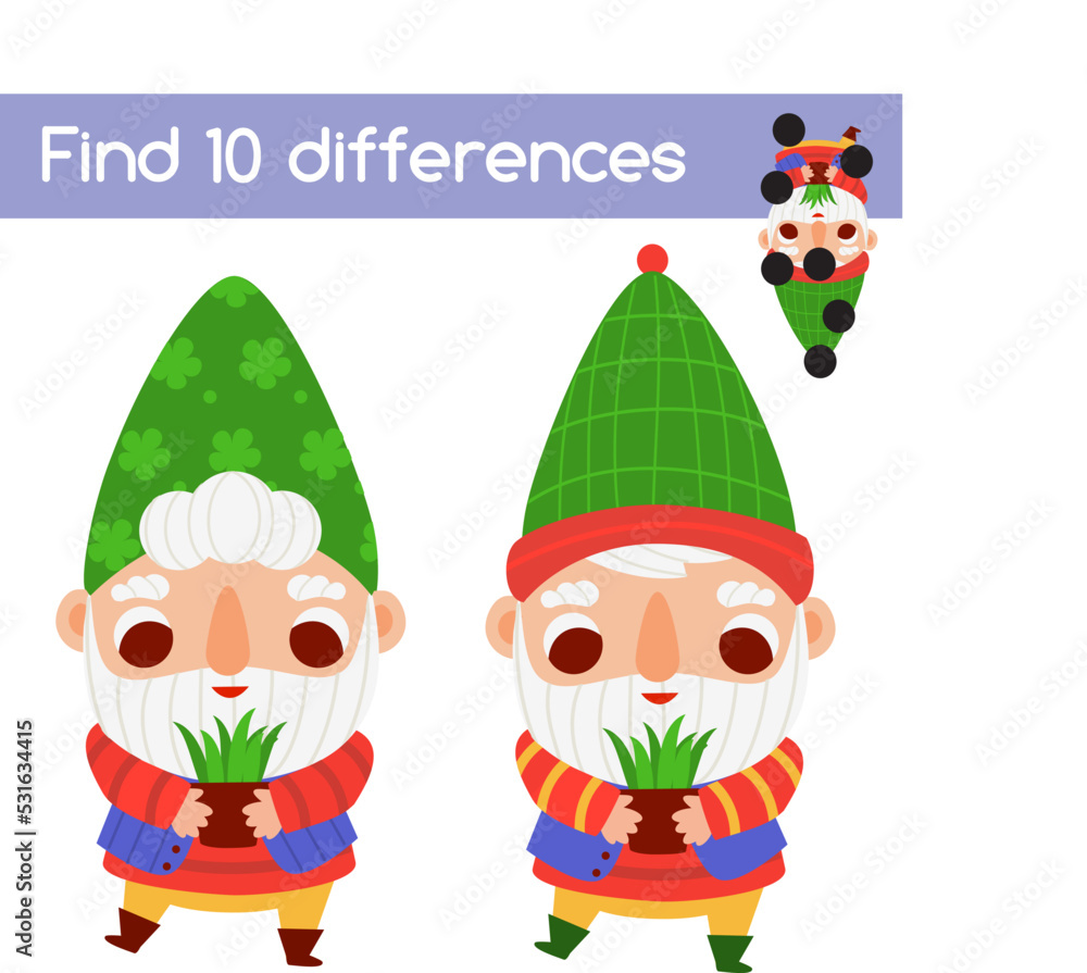 Fototapeta premium Find the differences educational children game. Kids activity with cute garden gnome