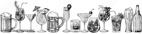 Vector set of 13 glasses of drinks in engraving style. Graphic linear aperol, mojito, strawberry champagne, berry cocktail, martini, iced whiskey, cherry margarita, pina colada, ale, beer bottle