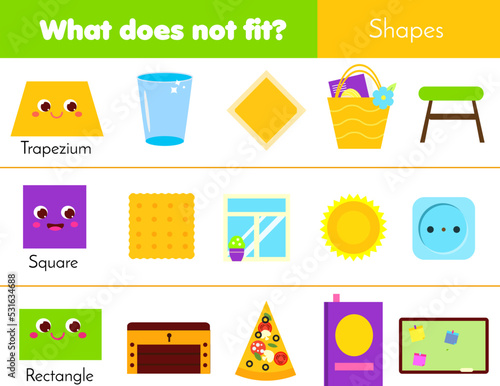 Educational children game. What does not fit type. learning geometric shapes in life. Worksheet for kids and toddlers