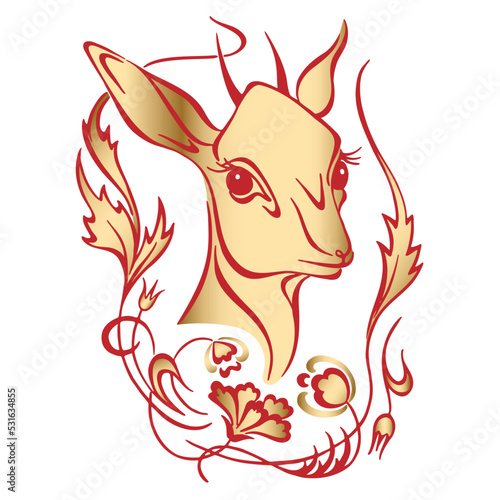 Christmas and New Year collection. Animal gold roe deer framed with floral ornament. Vector illustration on white. Hand painted watercolor illustration. Perfect for invitations and greeting cards.