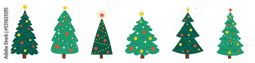 Vector New Year set with christmas trees. Evergreen trees with balls, stars and garlands. Fir trees for Christmas.