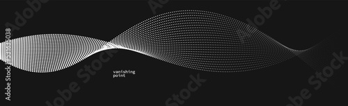 Wave of flowing vanishing particles vector abstract background, curvy lines dots in motion over black relaxing illustration, smoke like image.