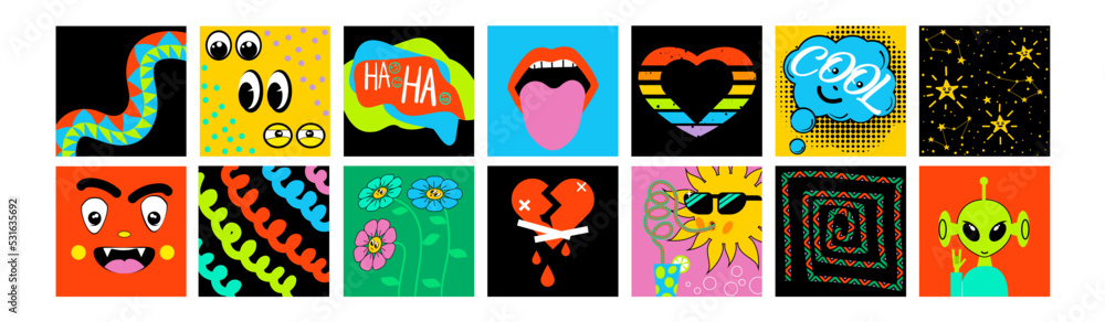 A set of colorful abstract posters in cartoon style. Funny cute Comic characters and abstract shapes and lines hand drawn illustrations