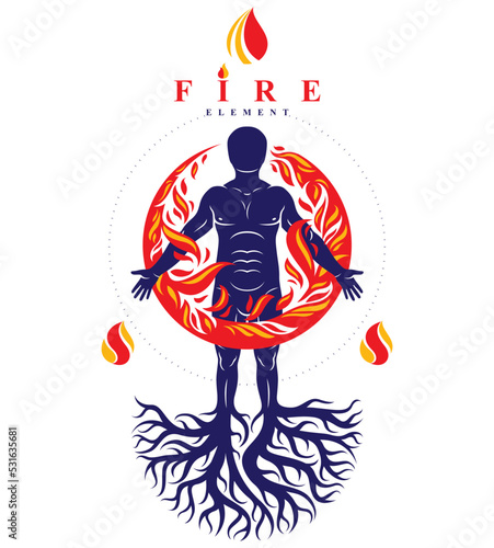 Vector illustration of human being created with tree roots. Human and nature harmony, fire man covered with a fireball.