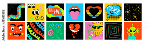 A set of colorful abstract posters in cartoon style. Funny cute Comic characters and abstract shapes and lines hand drawn illustrations