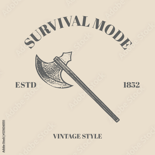 Logo Knife, drakkar, axe, sword, thor amulet with runes. Vintage Retro vector style. engraving illustration isolated on cream background. Hand drawn design element for poster, tattoo template design