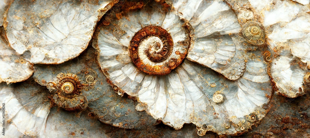 Elaborate and unique calcified ammonite sea shell spirals embedded into rock. Prehistoric fossilized beauty of an ancient past with colorful pearlescent texture and surface patterns art. Elaborate and unique calcified ammonite sea shell spirals embedded into rock. Prehistoric fossilized beauty of an ancient past with colorful pearlescent texture and surface patterns art.