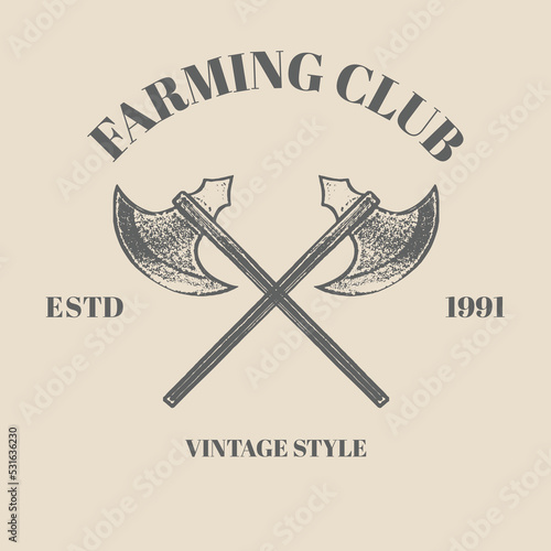 Logo Crossed knife, axe, sword, thor amulet with runes. Vintage Retro vector style. illustration isolated on cream background. Hand drawn design element for poster, tattoo template design