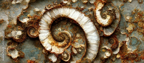 Elaborate and unique calcified ammonite sea shell spirals embedded into rock. Prehistoric fossilized beauty of an ancient past with colorful pearlescent texture and surface patterns art.