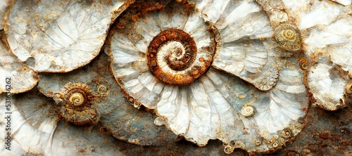 Elaborate and unique calcified ammonite sea shell spirals embedded into rock. Prehistoric fossilized beauty of an ancient past with colorful pearlescent texture and surface patterns art.