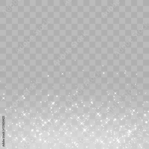 Luminous magical dust, dusty shine. Flying particles of light. Christmas light effect. Sparkling particles of fairy dust glow in the dark. Vector illustration on png.